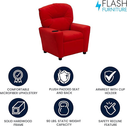 Flash Furniture Chandler Microfiber Kids Recliner with Cup Holder and Safety Recline, Contemporary Reclining Chair for Kids, Supports up to 90 lbs., Red - LeafyLoom