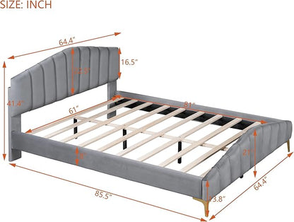 RITSU Queen Size Velvet Platform Bed with Thick Fabric, Solid Wood Bedframe Stylish Stripe Decorated Bedboard and Golden Metal Beds Leg, for BedRoom, Children's bedroom, Gray - LeafyLoom