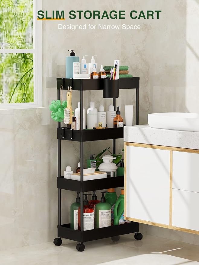 LEHOM Slim Rolling Storage Cart - 4 Tiers Bathroom Organizer Utility Cart Slide Out Storage Shelves Mobile Shelving Unit for Kitchen, Bedroom, Office, Laundry Room, Small Narrow Spaces Black - LeafyLoom