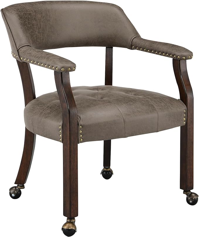 Dining Chairs with Casters and Arms, Accent Kitchen Table Chairs with Wheels, Roller Poker Table Chairs, Wooden Captains Chair, Espresso Legs & Dark Brown SY-318-DK - LeafyLoom