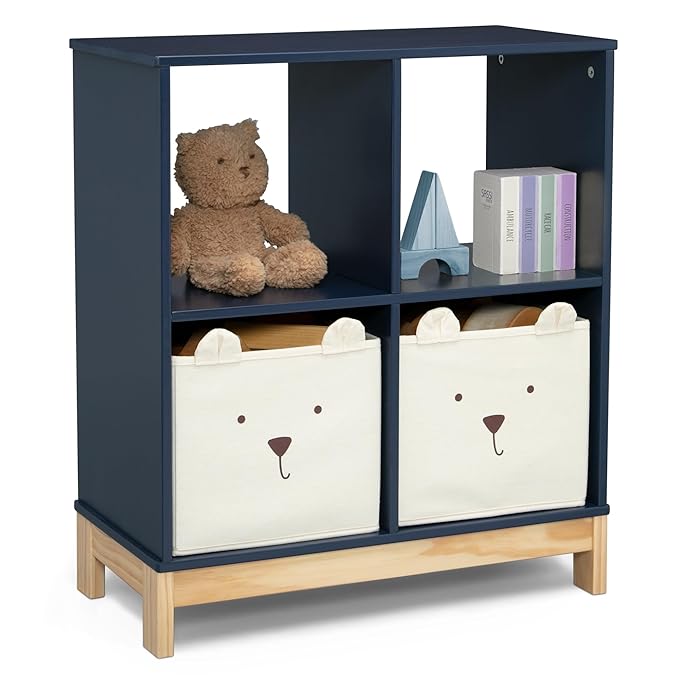 Delta Children babyGap Graham 4-in-1 Convertible Crib with Storage Drawer + Brannan Bear Bookcase with Bins + Brannan Bear Wall Shelf with 4 Hooks, Navy/Light Blue (Bundle) - LeafyLoom