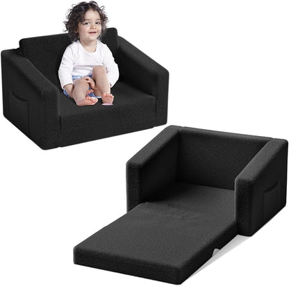 Kids Couch,2-in-1 Toddler Chairs for Boys,Kids Sofa with Storage,Comfortable Kids Sofa Bed,Fun Kids Lounge Chair,Toddler Furniture,Kids Playroom,Children'S Gifts (Black) - LeafyLoom