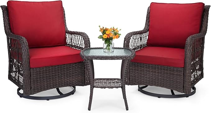 IDEALHOUSE 3 Pieces Outdoor Wicker Swivel Rocker Patio Set, 360-Degree Swivel Rocking Chair Elegant Wicker Patio Bistro Set with Tempered Glass Top Side Table (Red) - LeafyLoom