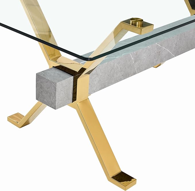 Rectangular Table with Tempered Glass Tabletop,Modern Dinner Desk W/Metal Tubular Legs, Home,Kitchen,Dining Room,Office,Gold, 79" Marble Color Crossbars - LeafyLoom