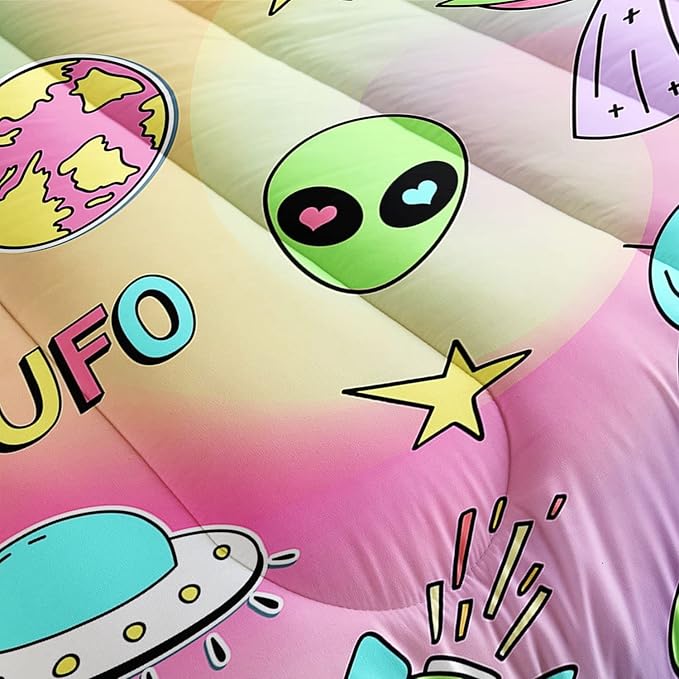 Datura home Space Alien Children Bedding Comforter Set for Girls Kids,Colorful Cartoon Outer Space Planet UFO Lovely Alien Theme Bedding Set with 1 Comforter and 2 Pillowcases(Alien3 Queen) - LeafyLoom