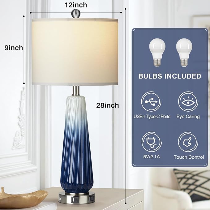 28" Glass Table Lamp Set of 2, Modern Table Lamps with USB A+C Ports & AC Outlet, Touch Control Bedside Nightstand Lamp with LED Night Light & White Fabric Shade for Living Room Blue(4 Bulbs Included) - LeafyLoom