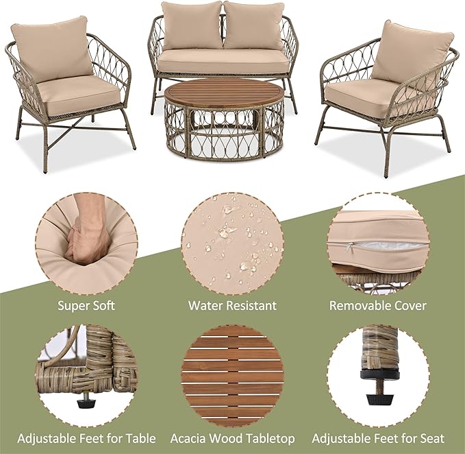 Merax Outdoor Patio Furniture Sets, Bohemia-Inspired Wicker Conversation Seating Group, with Soft Cushions and Wood Tabletop, 4 PCS, Beige - LeafyLoom