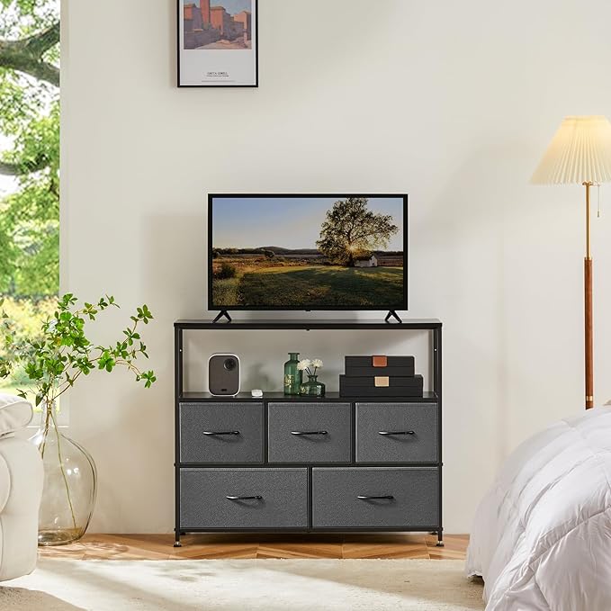 ANTONIA TV Stand Dresser for Bedroom with 5 Fabric Drawer, Entertainment Center for 45 inch Television, Media Console Table with Storage, Open Shelf, Adjustable Feet, Living Room Furniture, Grey - LeafyLoom