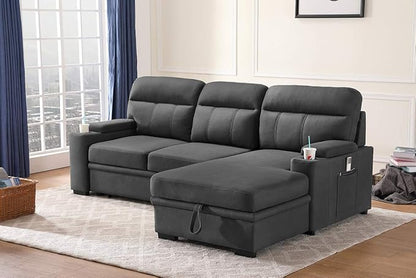 RITSU L-Shaped Reversible Sectional Sofa, Armrests with Storage Space and Cup Holders, Pull Out Couch Bed, Microfiber Upholstered Backrest, Suitable for Living Room/Apartment, Gray, 94inch - LeafyLoom