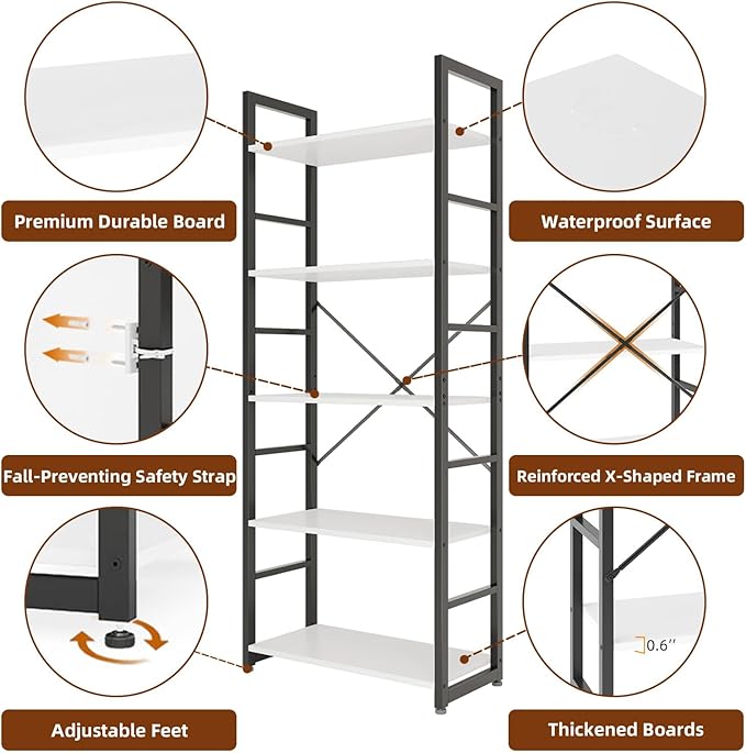 COTUBLR 5 Tier Bookshelf 24 Inch Bookcase Book Shelf Organizer Modern Tall Bookshelf Book Case Ladder Bookshelves Book Storage for Bedroom, Living Room, Home Office, Kitchen (White) - LeafyLoom