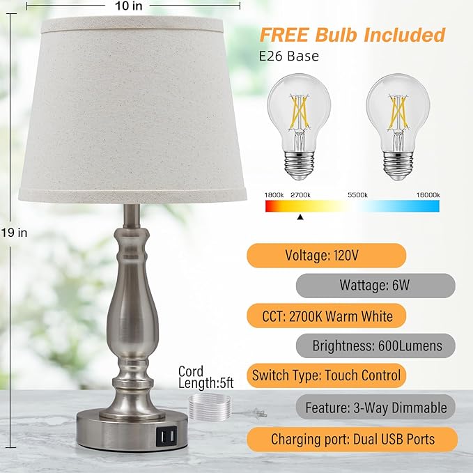 Lamps for Bedrooms Set of 2, Brushed Nickel Bedside Lamps with USB Ports, 3 Way Dimmable Nightstand Lamps with Fabric Lampshade, Touch Table Lamp for Living Room Bedroom Office, Bulbs Included - LeafyLoom