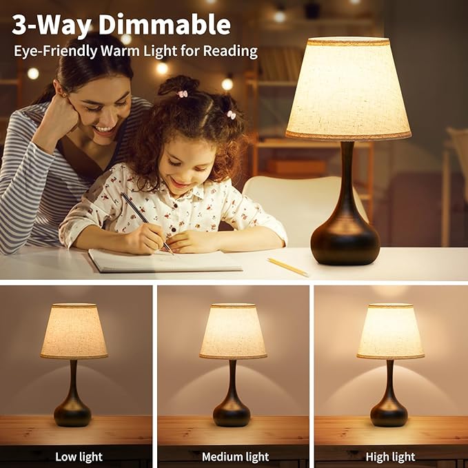 Touch Bedside Lamp for Bedroom, 3-Way Dimmable Farmhouse Table Lamps for Nightstand with Fabric Shade, Desk Lamp for Kids Reading, Home Office - LeafyLoom