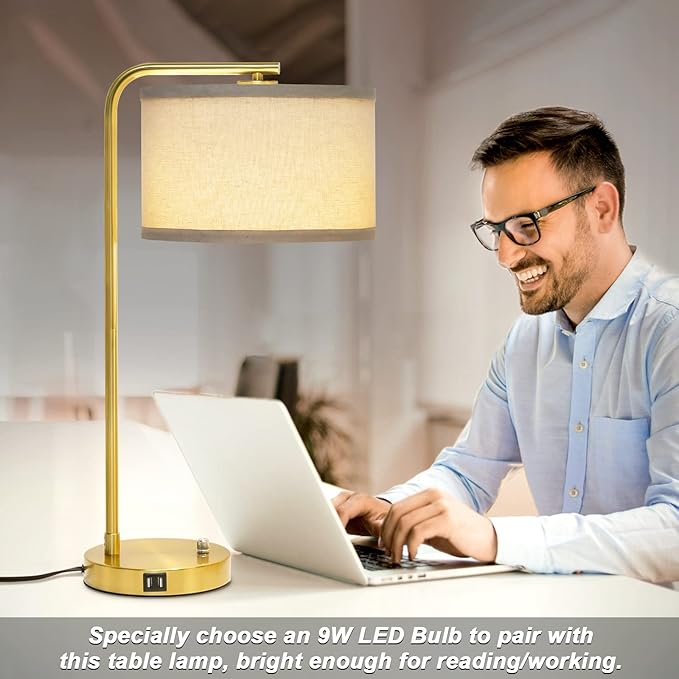 Fully Dimmable Bedside Lamp with Dual USB Ports, Mordern Gold Nightstand Lamp Desk Reading Lamp with Beige Drum Shade, Tall Side Table Lamp for Living Room Bedroom Office, 9W LED Bulb Included - LeafyLoom