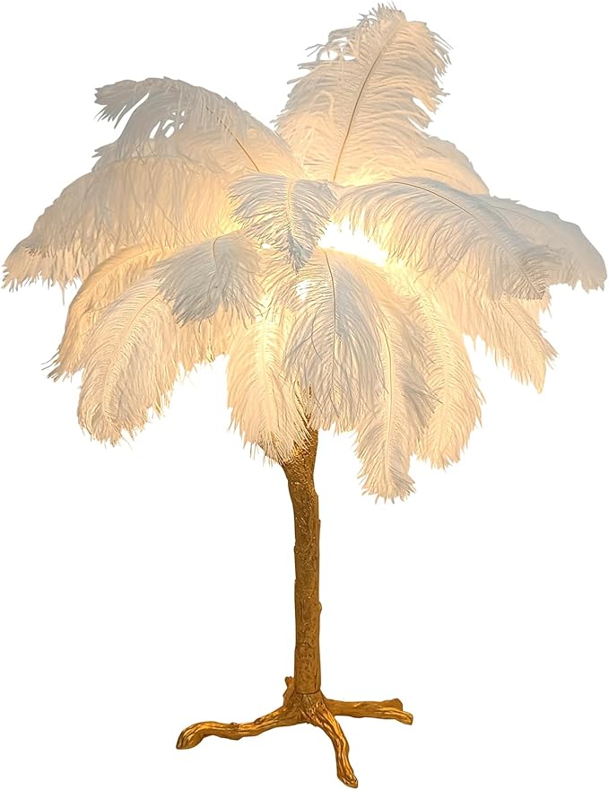 White Bedside Lamp Ostrich Feather Desk Lamp Gold Resin Ostrich Feather Table Lamp, Girls Gift Romantic Wedding Decoration Palm Tree Lamps G4*3 - LeafyLoom