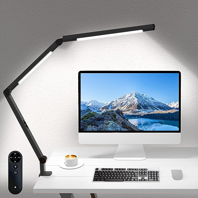 LED Desk Lamp with Clamp, Architect Desk Lamp for Home Office with Remote Control, Swing Arm Clamp on Desk Light, Clip-on Eye-Care Adjustable 5 Brightness Levels Table Light for Working Drafting - LeafyLoom