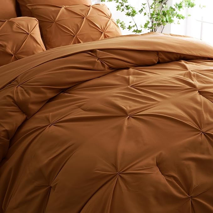 Ubauba 7pc Burnt Orange Queen Comforter Set, Rust 7 Piece Pintuck Bed in a Bag with Sheets, All Season Pinched Pleat Bedding Comforters & Sets,(Rustic, Queen Size) - LeafyLoom