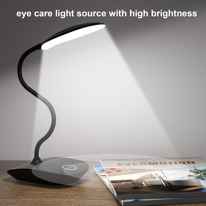 DEEPLITE Battery Operated Desk Lamp, LED Desk Light 3 Lighting Modes Stepless Dimming, Table Lamp 5W Touch Control Eye Caring, Flexible Gooseneck, Portable Reading Light for Dorm Study Office Bedroom - LeafyLoom