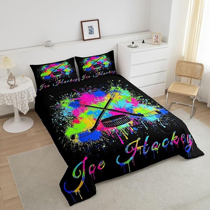 Feelyou Kids Ice Hockey Comforter Set Twin Size Gaming Sports Bedding Set for Boys Girls Teens Bedroom Decor Ice Sports Games Tie Dye Comforter Hockey Player Duvet Set with 1 Pillow Case - LeafyLoom