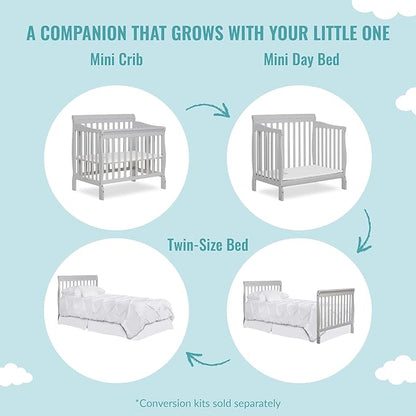 Aden 4-in-1 Convertible Mini Crib In Grey, Greenguard Gold Certified, Non-Toxic Finish, New Zealand Pinewood, With 3 Mattress Height Settings - LeafyLoom