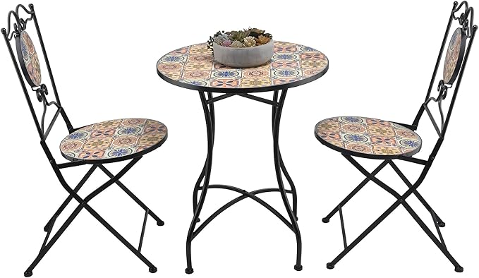 Alpine Corporation Indoor/Outdoor Mediterranean Tile Design Set Table and Chairs Patio Seating - LeafyLoom