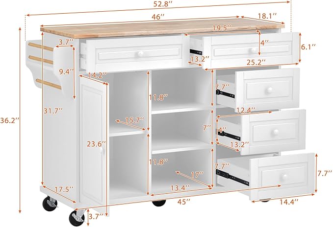 Kitchen Island with Storage Cabinets, Rolling Mobile Kitchen-cart w/Rubber Wood Desktop and 5 Drawers & Open Shelves, Sideboard for Dining Room, Home Bar - LeafyLoom