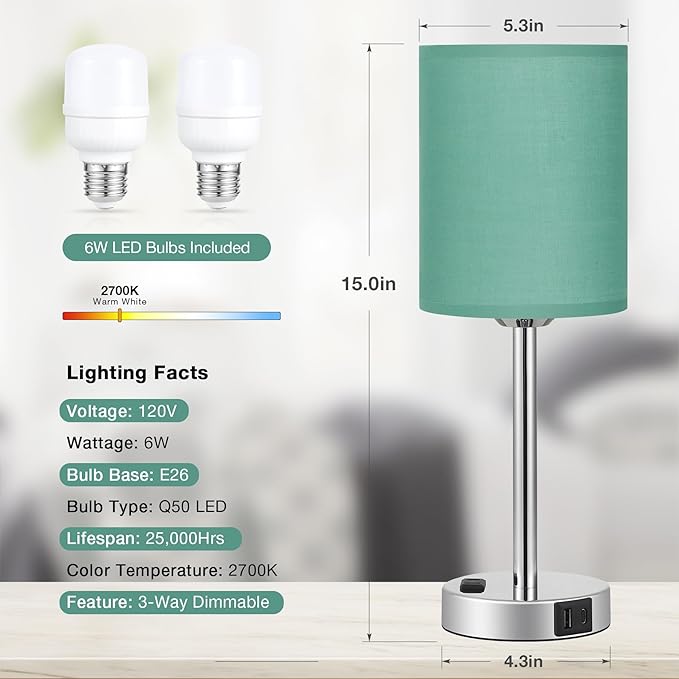 Innqoo Teal Touch Table Lamps Set of 2-3 Way Dimmable Bedside Lamp with USB C and A Ports and Outlets, Modern Nightstand Lamp with Silver Base, Small Bedroom Lamps for Kids Nursery - LeafyLoom