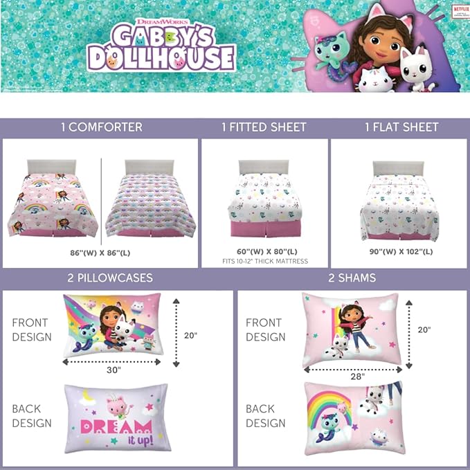 Franco Gabby's Dollhouse Kids Bedding Super Soft Comforter and Sheet Set with Sham, 7 Queen Size, (Official Licensed Product) - LeafyLoom