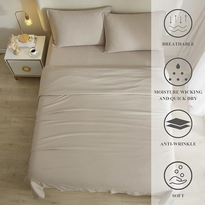 HighBuy Beige Full Size Sheet Set Extra Soft Deep Pocket Sheets Set,4 Piece Bed Fitted Sheets Fit 16 Mattress,Wrinkle,Fade,Stain Resistant Cooling Bed Sheets,Fitted Sheets,Pillowcases Set (Full,Beige) - LeafyLoom