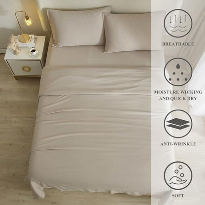 HighBuy Beige Full Size Sheet Set Extra Soft Deep Pocket Sheets Set,4 Piece Bed Fitted Sheets Fit 16 Mattress,Wrinkle,Fade,Stain Resistant Cooling Bed Sheets,Fitted Sheets,Pillowcases Set (Full,Beige) - LeafyLoom