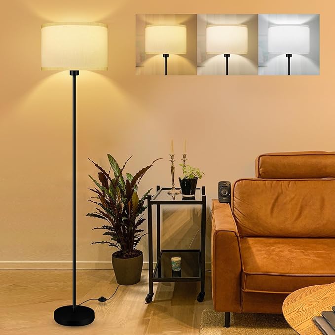 Floor Lamps for Living Room, Modern Standing Lamp with 3 Color Temperatures(9W Bulb), White Linen Lampshade, Foot Switch, Simple Reading Floor Lamps Tall Lamps for Bedroom/Office/Nightstand/Classroom - LeafyLoom