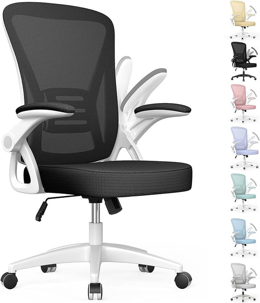 naspaluro Ergonomic Office Chair, Mid-Back Computer Chair with Adjustable Height, Flip-Up Arms and Lumbar Support, Breathable Bright White Mesh Desk Chair for Home Study Working - LeafyLoom