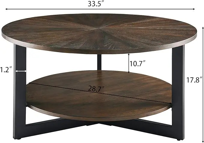 MODERION Round Coffee Table with Storage Shelf, Farmhouse Living Room Cocktail Black Metal Legs, Circular Solid Wood Center Tea Table, Sofa 35.3-''Dx17.8-''H, Natural Brown KFZ1338NC - LeafyLoom