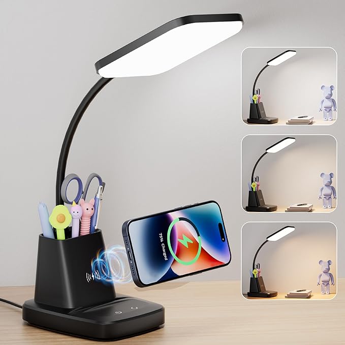 Cotanic LED Desk Lamps for Home Office with Wireless Charger, Stepless Dimmable, 3 Color Modes, Black Study Lamp for College Dorm Room, Touch Control, Pen Holder, CRI 90, 800 Lumen, Adapter Included - LeafyLoom