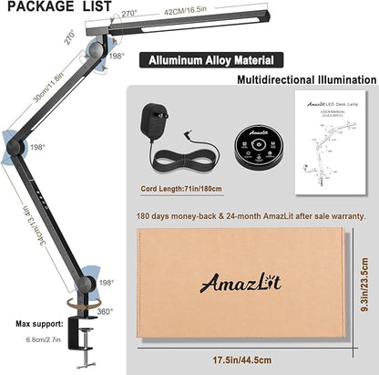 Desk Lamp, Desk Light with Clamp, Stepless Dimming & Adjustable Color Temperature Modern Eye-Caring Architect Lamp with Memory & Timing Function for Study, Work, Home, Office, 15W - LeafyLoom
