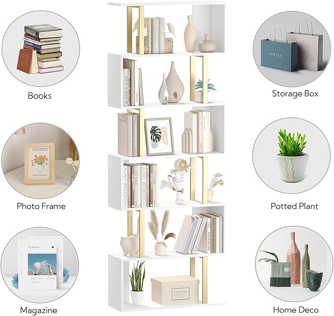 Yusong Geometric Bookcase, S Shaped Bookshelf 6-Tier Book Shelves for Bedroom, Modern Wood Decorative Display Shelf Tall Book Case for Home Office, Gold and White - LeafyLoom