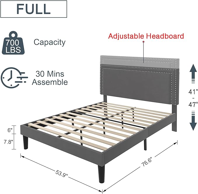 VECELO Full Size Platform Bed Frame with Height Adjustable Upholstered Headboard, Modern Mattress Foundation,Strong Wood Slat Support, No Box Spring Needed, Easy Assembly - LeafyLoom