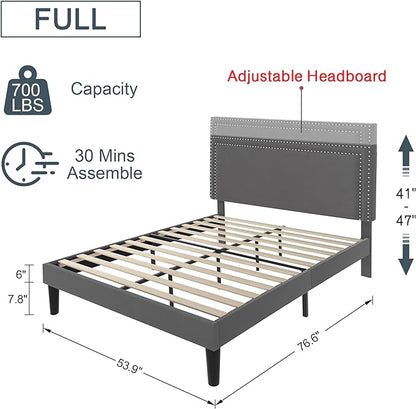 VECELO Full Size Platform Bed Frame with Height Adjustable Upholstered Headboard, Modern Mattress Foundation,Strong Wood Slat Support, No Box Spring Needed, Easy Assembly - LeafyLoom