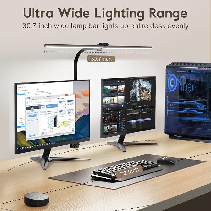 Brightown LED Desk Lamp for Office Home, 24W Double Head Architect Desk Lamp with Clamp, Remote Control, Hand Sweep Switch, Stepless Lighting, Flexible Gooseneck Dimming Table Light - LeafyLoom