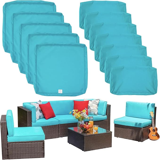 ClawsCover 12 Pack Outdoor Seat and Back Cushions Replacement Covers Fit for 6Pieces 5-Seater Wicker Rattan Patio Furniture Conversation Set Sectional Couch Chairs,Turquoise-Include Cover Only - LeafyLoom