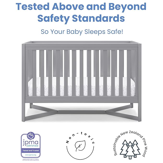 Delta Children Tribeca 4-in-1 Baby Convertible Crib + Simmons Kids Quiet Nights Crib and Toddler Mattress Made from Recycled Water Bottles/GREENGUARD Gold Certified [Bundle], Grey - LeafyLoom