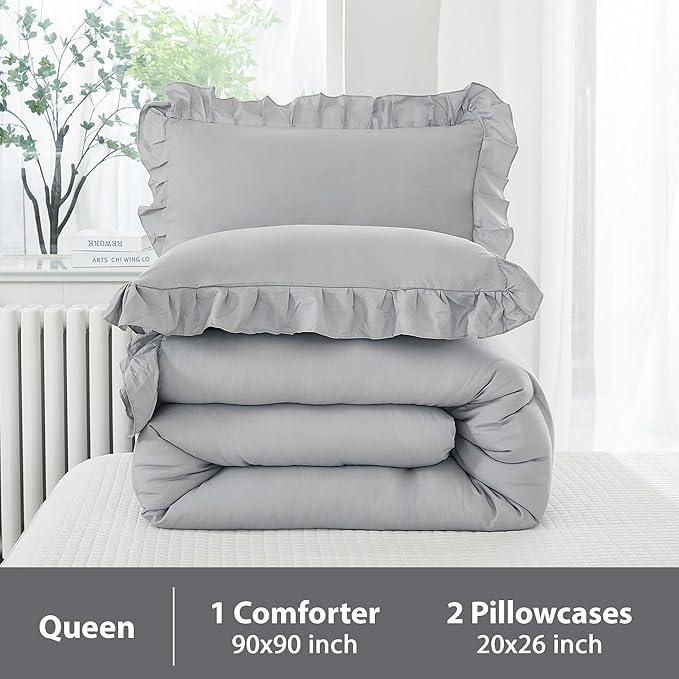 Andency Silver Gray Comforter Set Queen Size, 3 Pieces Shabby Chic Ruffle Bedding Comforter Sets for Queen Bed, Lightweight Fluffy Soft Microfiber Farmhouse Comforter Set - LeafyLoom