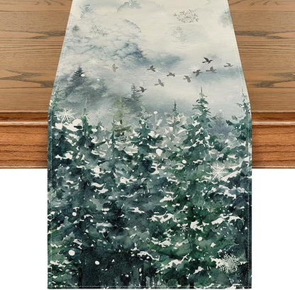 Artoid Mode Green Tree Snow Christmas Table Runner, Seasonal Winter Holiday Kitchen Dining Table Decoration for Home Party Decor 13x120 Inch ArtoidMode