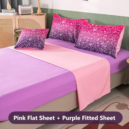 PERFEMET Purple Glitter Comforter Set Twin Size 6 Pieces Bed in A Bag for Teen Girls 3D Colorful Rainbow Bedding Comforter Sheet Set Ultra Soft Galaxy Quilted Duvet - LeafyLoom