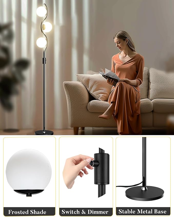 Lightdot 60IN Dimmable (Brightness Adjustable) Black Floor Lamp, Mid Century Standing Lamps with 3 Globe Soft Warm White Eye Care 3000K Bulbs Included, Modern Tall Lamp for Bedroom Office - LeafyLoom