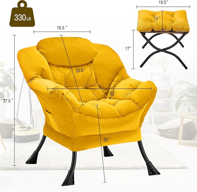 Lazy Chair with Folding Ottoman Modern Large Accent Chair,Contemporary Lounge Leisure Sofa Chair with Armrests Upholstered Sofa Armchair Reading Chair for Bedroom,Dorm & Office,Yellow - LeafyLoom