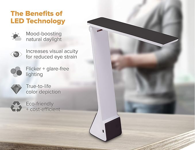 Bostitch Office KT-VLED1810-BLK Powered Rechargeable Battery LED Desk Lamp, 3 Color Temperatures, Flip Open, Black - LeafyLoom