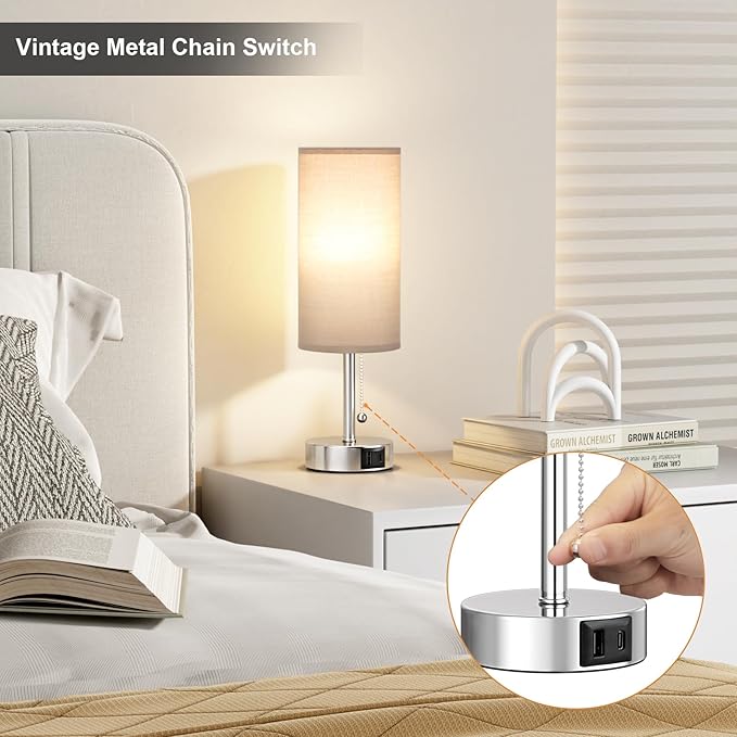 Grey Table Bedside Lamp for Bedroom Nightstand - Small Silver Lamp with USB A + C Charging Port, 3 Color Temperatures Pull Chain Night Stand Light with Bulb, Side Table Desk Lamp for Living Room - LeafyLoom