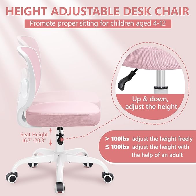 Primy Kids Desk Chair, Ergonomic Children Study Computer Chair Adjustable, Breathable Mesh Office Chair with Wheels, Armless Rolling Swivel School Task Chair for Boys Girls Age 4-12 in Home Bedroom - LeafyLoom