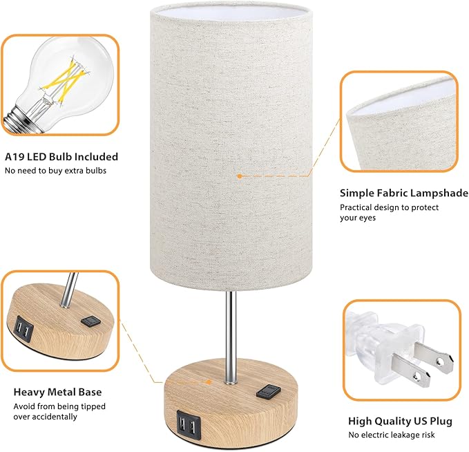 Bedside Table Lamps with 2 USB Charging Ports & AC Outlet, Set of 2 Touch Control Wooden Base Nightstand 3-Way Dimmable Lamps with Beige Fabric Shade for Bedroom, Living Room, A19 E26 Bulbs included - LeafyLoom