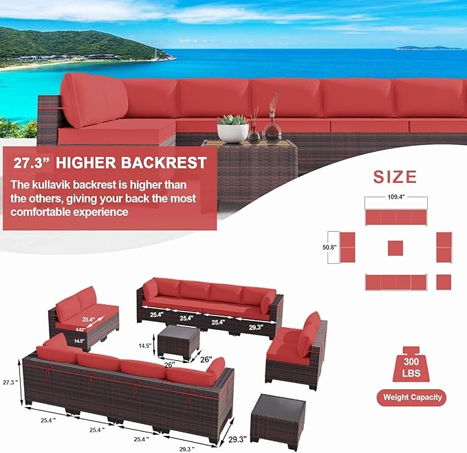 Kullavik 14PCS Outdoor Patio Furniture Set PE Wicker Rattan Sectional Sofa Patio Conversation Sets,Red - LeafyLoom